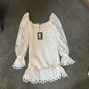 White Lace Sleeve Shirred Bodycon Dress